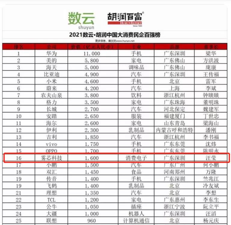 悦刻电子烟以1600亿跻身胡润大消费民企百强榜第16位